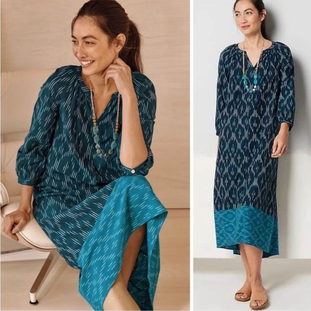 J. Jill Teal and Navy Ikat-Print Midi Dress